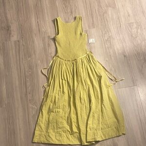 NWT Free people seersucker nightingale Midi Dress yellow green xs